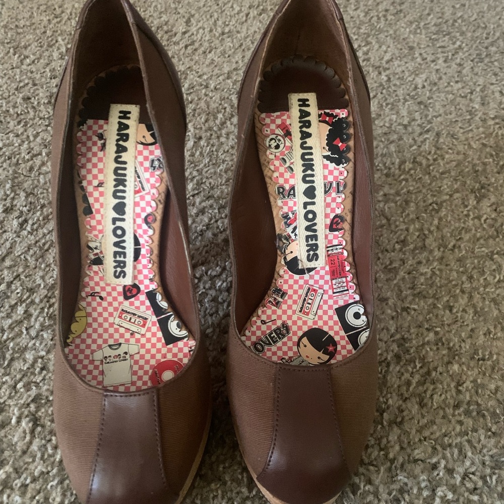 Harajuku brown leather platform heels